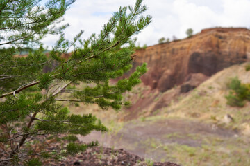 Extinct volcano with rock formations and vegetation