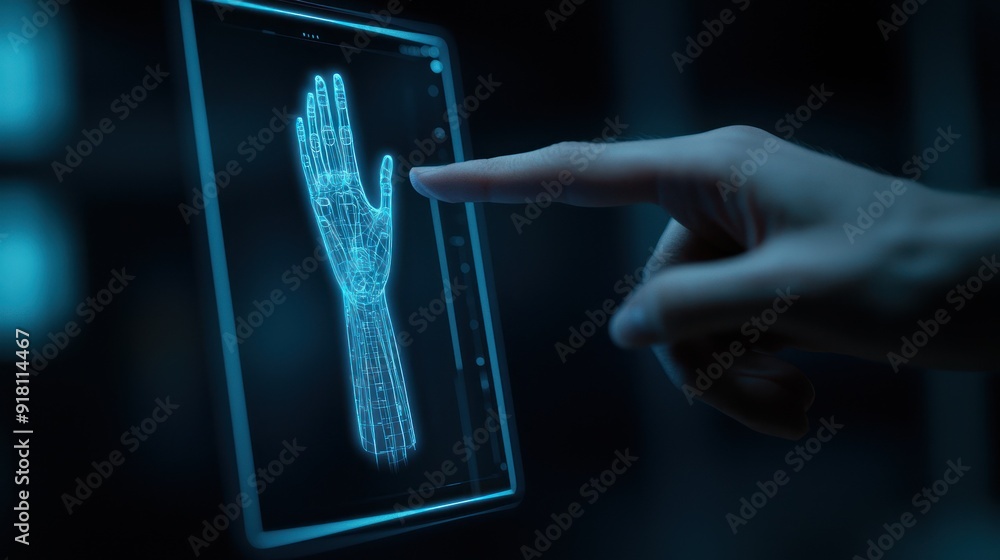 Aufkleber a futuristic hand interacting with a holographic interface displaying a 3d hand model. ideal for tec