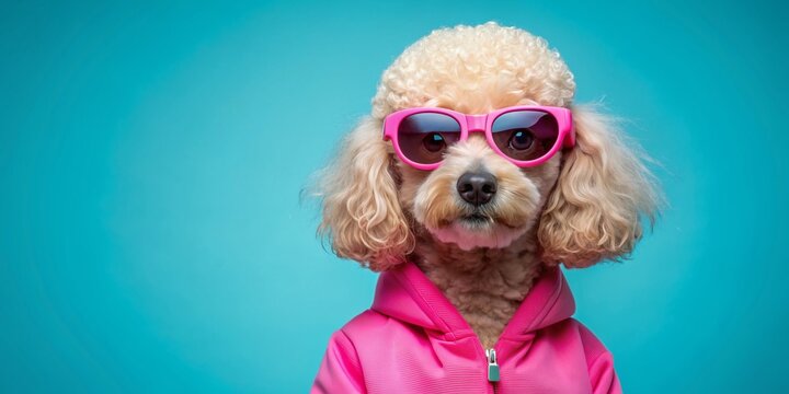 Adorable funny poodle canine dog wearing trendy pink sunglasses and matching jacket, posing confidently against a bright blue background with playful expression.