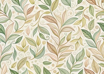 Delicate, hand-drawn leaves swirl and twirl in an organic, flowing seamless pattern, featuring natural repeats of gentle curves and soft, earthy tones.