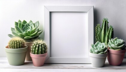 棚の上の多肉植物とサボテンと白い額縁（Picture frame with succulents and cacti on the shelf）

