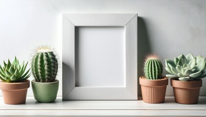 棚の上の多肉植物とサボテンと白い額縁（Picture frame with succulents and cacti on the shelf）
