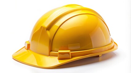 Fototapeta premium A yellow construction hard hat isolated on a clean white background, symbolizing safety, industry, and building projects, with a focus on the iconic headgear.