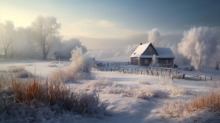A snowy landscape with a small house in the distance