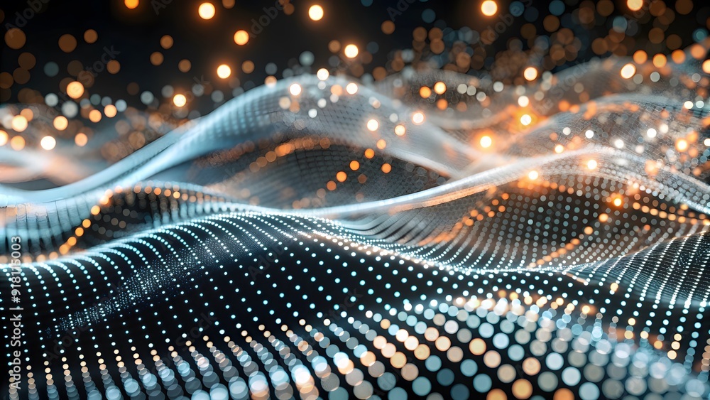 Poster digital background with glowing blue and orange dots on a dark wave, in a technology futuristic conc