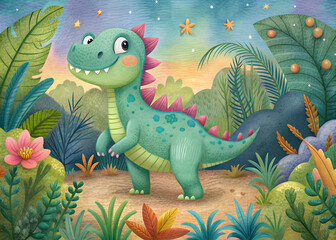 Cute Baby Dinosaur Illustration, Print For Kids Products, Bright Colorful Drawing Kids Illustration, flat cartton style