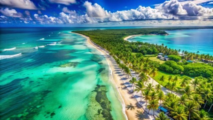 Fototapeta premium Breathtaking aerial view of turquoise ocean, sugar-white sandy beaches, and lush green palm trees lining the scenic coastline of the Dominican Republic.