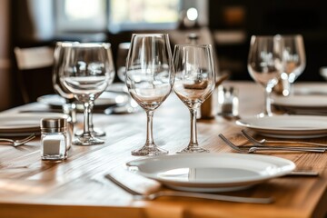 Empty Glassware and Plate Setting on Wooden Table in Restaurant