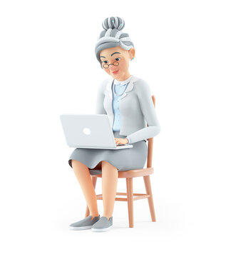 3d cartoon granny sitting on chair and using laptop