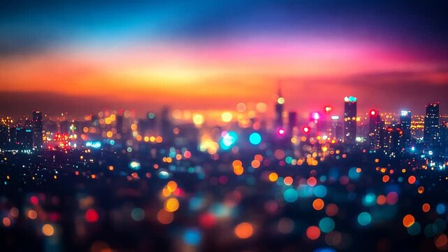 A beautiful shot of the colourful bokeh of the city at sunset, showing the vibrant hues and shimmering reflections in the water