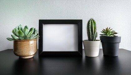 棚の上の多肉植物とサボテンと黒い額縁（Picture frame with succulents and cacti on the shelf）
