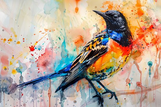 A colorful watercolor painting of a lark perched on a branch