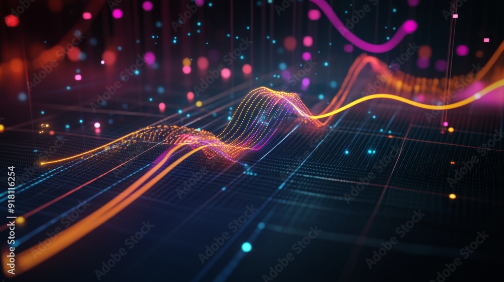 Poster an overhead shot of a 3d line graph showing multiple data points and trends, with axes clearly label