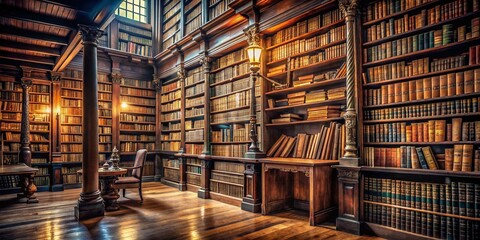 Fototapeta premium Ancient leather-bound tomes and vintage novels line dusty shelves, stacked haphazardly, filling a dimly lit, silent library with nostalgic, literary charm and forgotten knowledge.