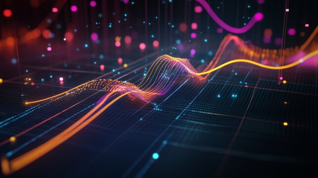 An overhead shot of a 3D line graph showing multiple data points and trends, with axes clearly labeled and the lines extending dynamically across the graph's surface.