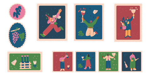 Set of stamps with wine lovers in a whimsical style. Young characters with bottles and wineglasses. Vector hand drawn collection