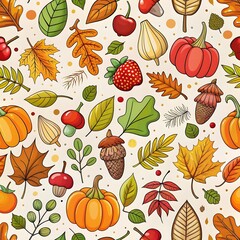Fototapeta premium Cute vector seamless pattern. Autumn seamless pattern with red and yellow oak leaves, acorns, apples, pumpkin, and mushrooms. Autumn seasonal background with hedgehogs.