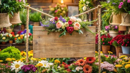 Colorful flowers and greenery surround a vintage-inspired wooden banner with rustic rope accents, creating a warm and inviting atmosphere in a quaint florist shop.