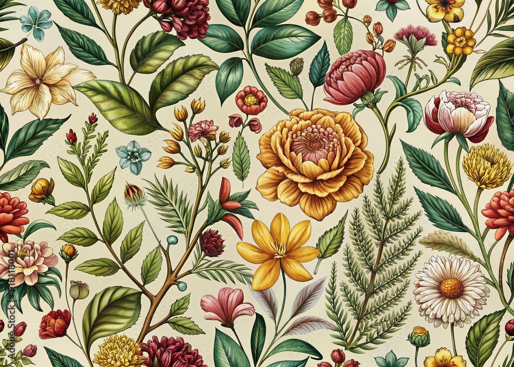 Poster intricate vintage botanical illustrations of flowers, leaves, and branches repeat in a harmonious pa