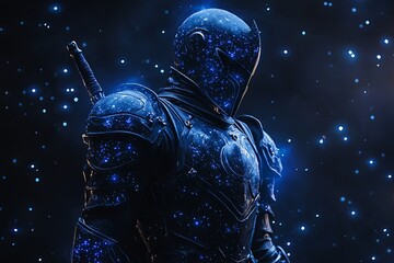 Fototapeta premium A celestial warrior dons intricate armor that sparkles like the night sky, poised for an imminent confrontation. Generative AI
