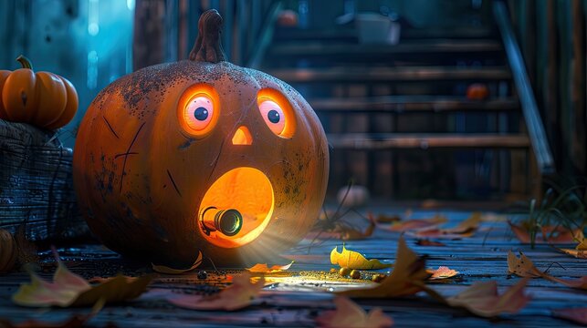 A scared pumpkin emoji with a flashlight under its face, telling ghost stories