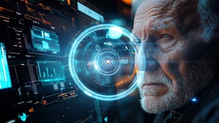 An elderly man focuses intently on a glowing interface, immersed in exploring complex data visuals and technology during an engaging late-night session in a vibrant setting - Powered by Adobe