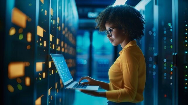 African American Woman Working in Server Room