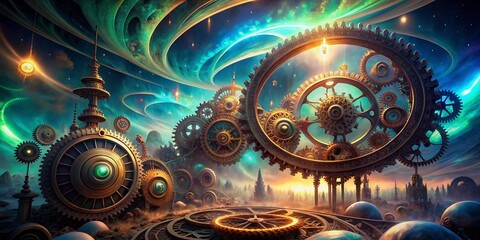 Ancient clockwork gears merge with glowing neon circuits amidst swirling aurora clouds, surrounded by cryptic artifacts and futuristic orbs, within a dreamlike space-time continuum.