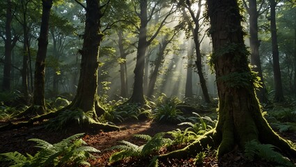 Obraz premium A dense, ancient forest where towering trees with gnarled roots stretch high into the sky, their leaves forming a thick, green canopy that filters the sunlight. The forest floor is covered in a thick