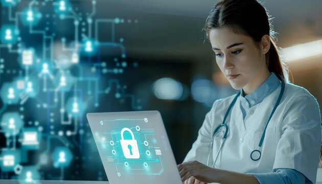Female Doctor Working on Secure Laptop with Digital Security Icon - Powered by Adobe