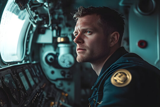 Submarine crew member in the control room. Profession concept. 