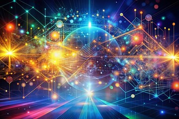Obraz premium Vibrant futuristic digital graphic abstract background depicting technological processes, neural networks, and particle flow, representing fundamentals of artificial intelligence and data storage.