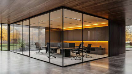 Modern office interior with glass walls, wood ceiling, and yellow accents.