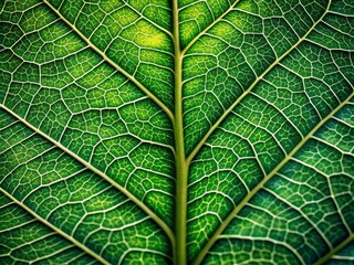 Obraz premium Vibrant green leaf's intricate veins and delicate edges are magnified against a subtly textured, earthy background, providing ample space for overlaying text or graphics.