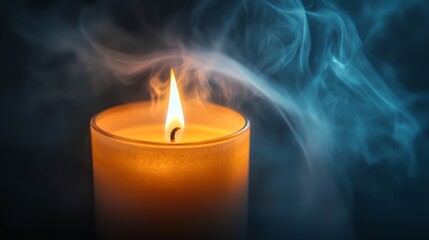 Close-up of a candlea flame, with the soft glow illuminating the surrounding smoke, capturing the delicate interplay of light and shadow.