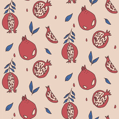 Seamless pattern featuring hand-drawn pomegranates with leaves and seeds on a light background. Vector doodle illustration.