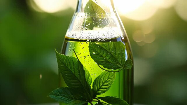 Fresh green tea  mint leaves inside a glass bottle with condensation, creating a refreshing and healthy look