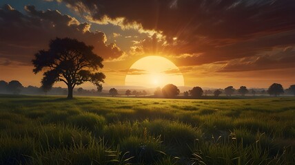 Obraz premium Dawn's Radiance: An Epic Sunrise Over a Serene Grassland