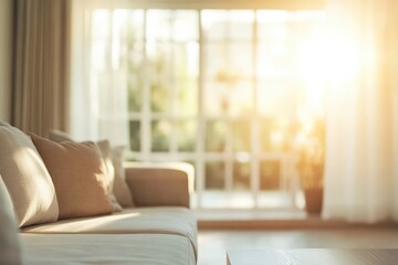 Fototapeta premium Blur living room at home with morning sunlight at big window for background usage. blur interior background concept. white, britht tone with generative ai