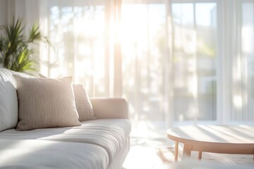 Fototapeta premium Blur living room at home with morning sunlight at big window for background usage. blur interior background concept. white, britht tone with generative ai