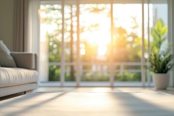 Fototapeta premium Blur living room at home with morning sunlight at big window for background usage. blur interior background concept. white, britht tone with generative ai