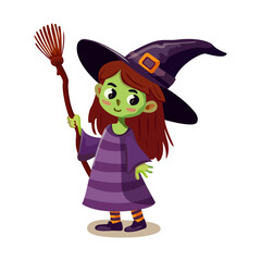 Little green witch, Halloween party. Halloween Persanage. Girl holding broom isolated vector illustration. 
