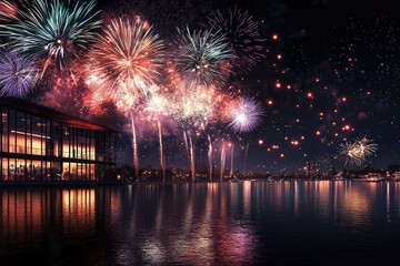 Fototapeta premium Fireworks Display Reflected in Water at Night