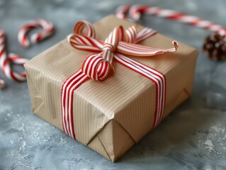 Festively Wrapped Holiday Gift Box with Candy Cane Striped Ribbon