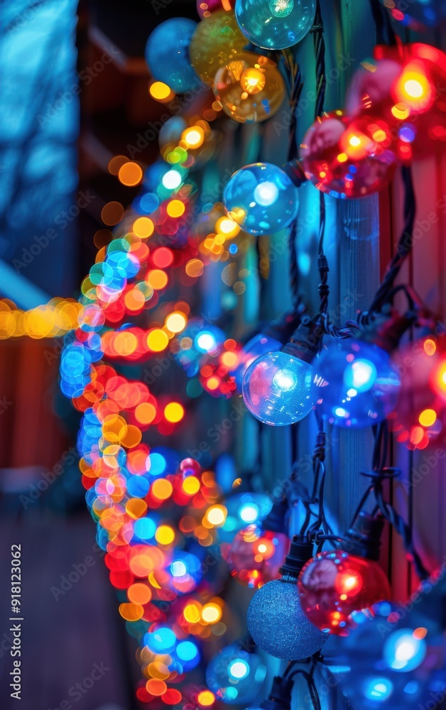 Poster a colorful string of christmas lights with a blue and red section. the lights are bright and colorfu