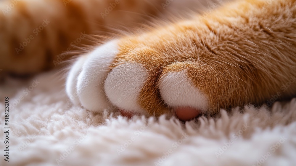 Poster close-up of an overweight cat paw, showing the soft pads and fur in detail, with the background soft