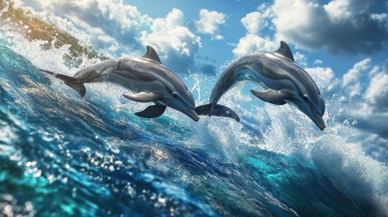 Fototapeta premium Dolphins engaging in a game of chasing each other, with their bodies partially out of the water and creating dynamic splashes in a vibrant sea environment.
