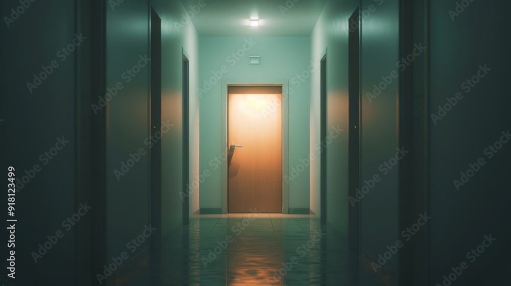 Poster dimly lit hallway with open door casting warm light, creating an eerie and mysterious atmosphere wit