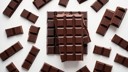 Fototapeta premium Dark chocolate bars and pieces are scattered artistically on white surface, tempting display