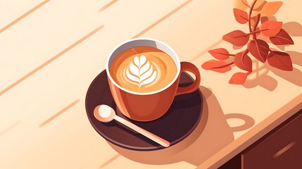 A cup of coffee isometric flat design, in a cozy cafe setting, warm tones